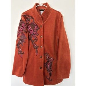 BOB MACKIE Embroidered Fleece Jacket Size XL Rust Quilted Collar Wearable Art